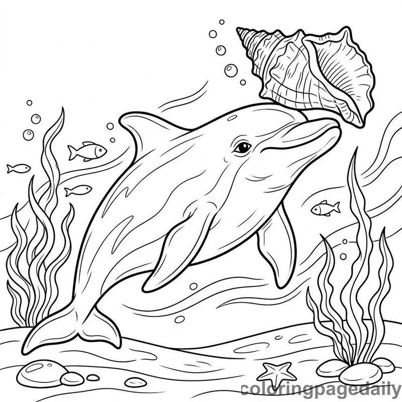 Dolphin Balancing Conch Shell - Daily printable coloring page in Ocean and Underwater Life category