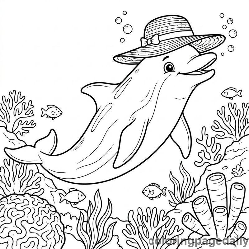 Dolphin Balancing Sun Hat - Daily printable coloring page in Ocean and Underwater Life category