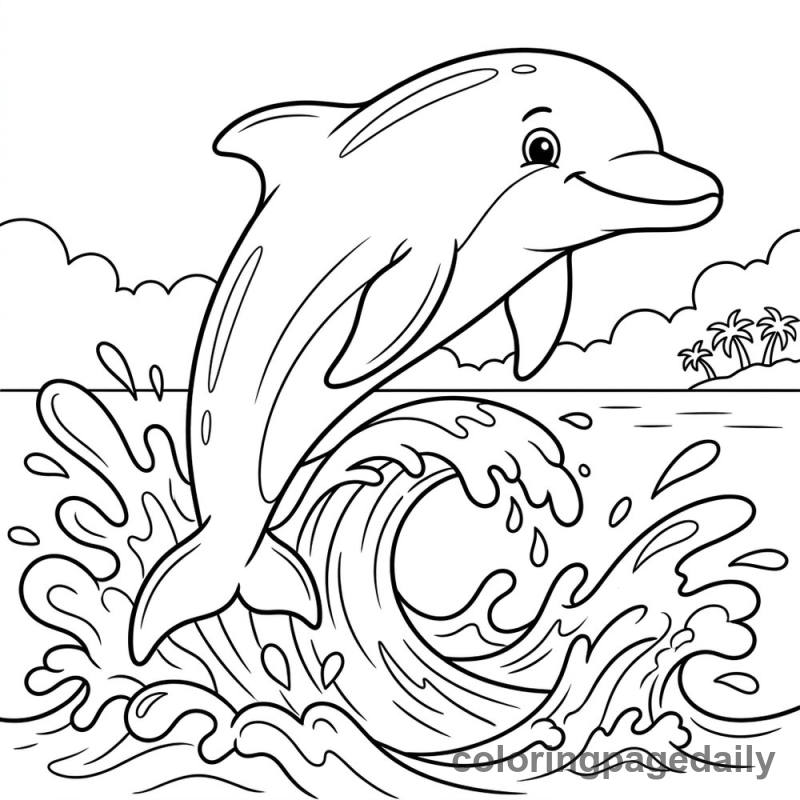 Dolphin Leaping Waves - Daily printable coloring page in Ocean and Underwater Life category
