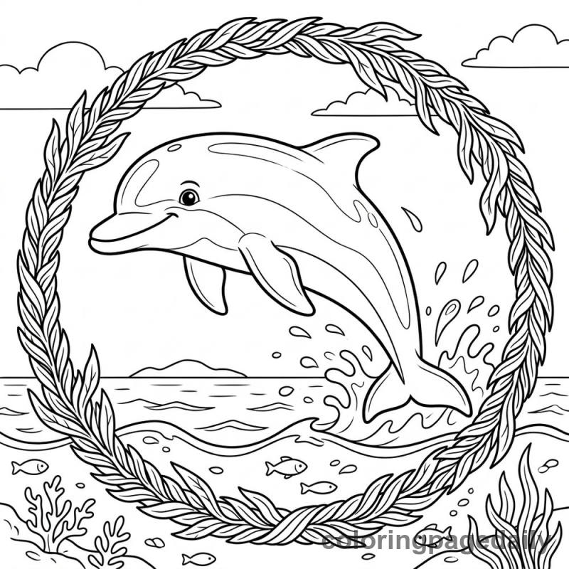 Dolphin Leaps Through Seaweed Hoop - Daily printable coloring page in Ocean and Underwater Life category