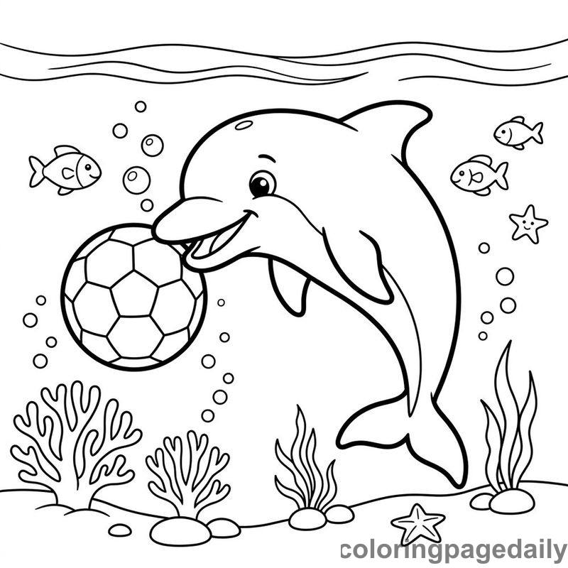 Dolphin Playing Soccer - Daily printable coloring page in Ocean and Underwater Life category