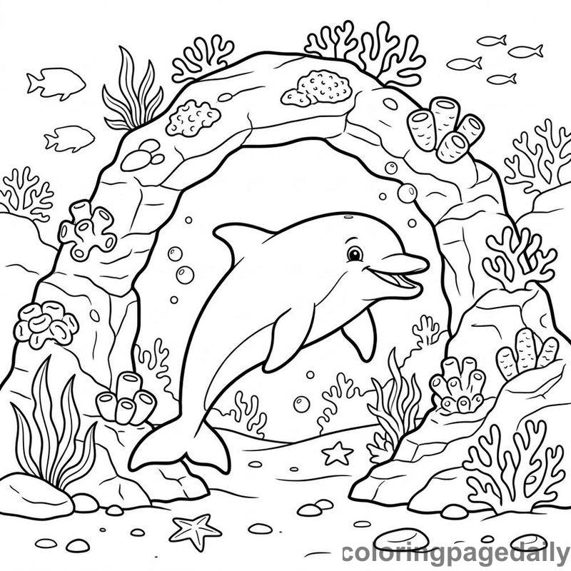 Dolphin Swimming Through Rock Archway - Daily printable coloring page in Ocean and Underwater Life category