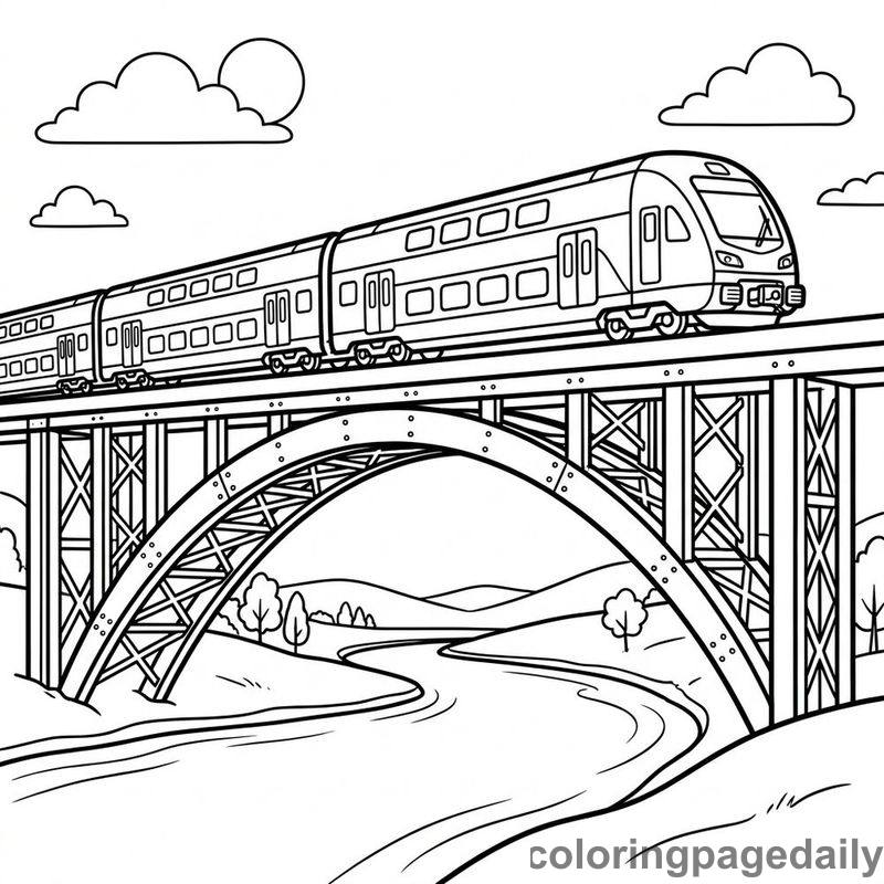 Double Decker Train Bridge - Daily printable coloring page in Vehicle category