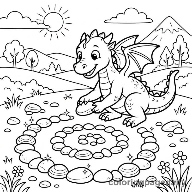 Dragon Arranges Shiny Pebbles - Daily printable coloring page in Mythical Creature category
