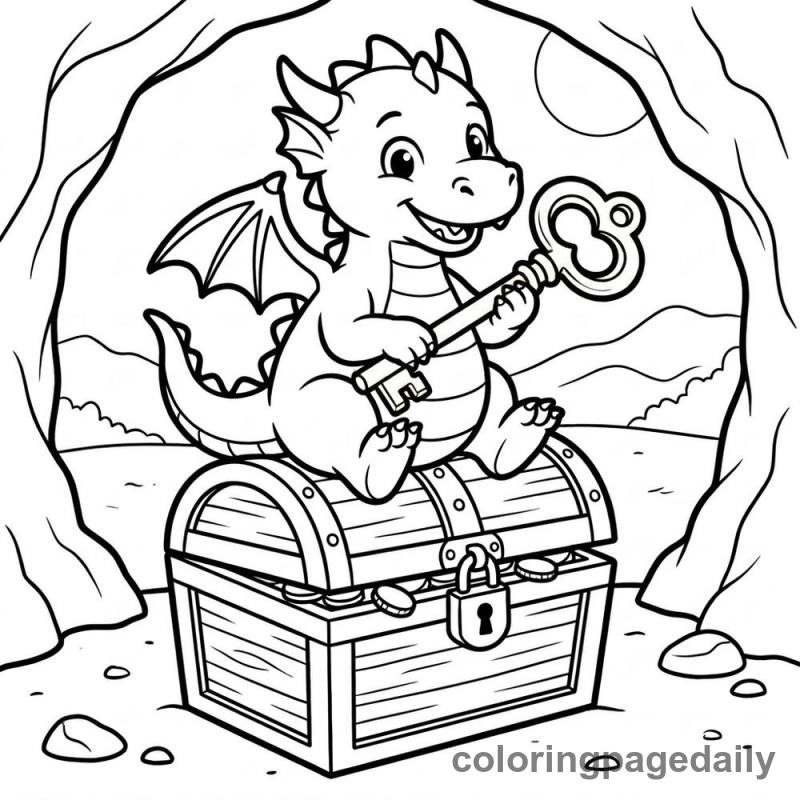 Dragon Holding Key - Daily printable coloring page in Mythical Creature category