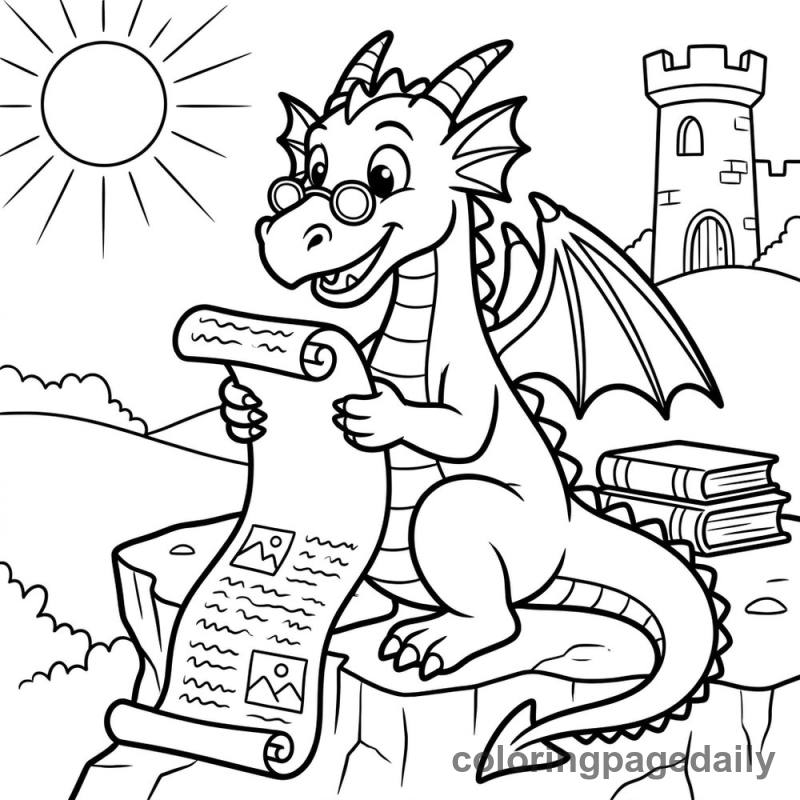 Dragon Reading Scroll - Daily printable coloring page in Mythical Creature category