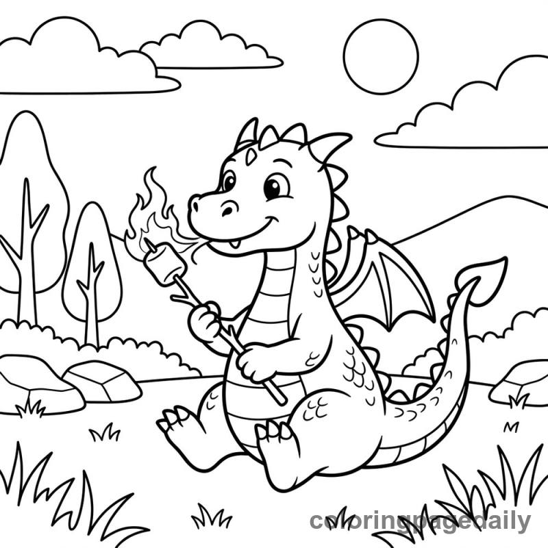 Dragon Roasting Marshmallows - Daily printable coloring page in Mythical Creature category