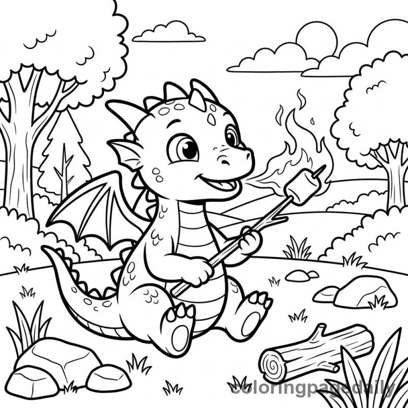 Dragon Roasting Marshmallows - Daily printable coloring page in Mythical Creature category