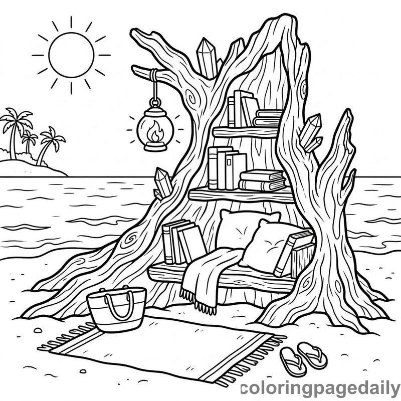 Driftwood Beach Library - Daily printable coloring page in Scenery category