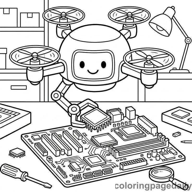 Drone Assembling Circuit Board - Daily printable coloring page in Robots and STEM category