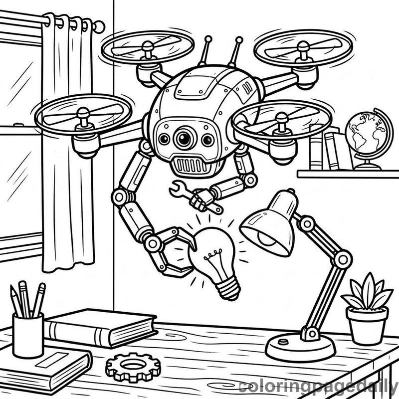 Drone Robot Replacing Lightbulb - Daily printable coloring page in Robots and STEM category