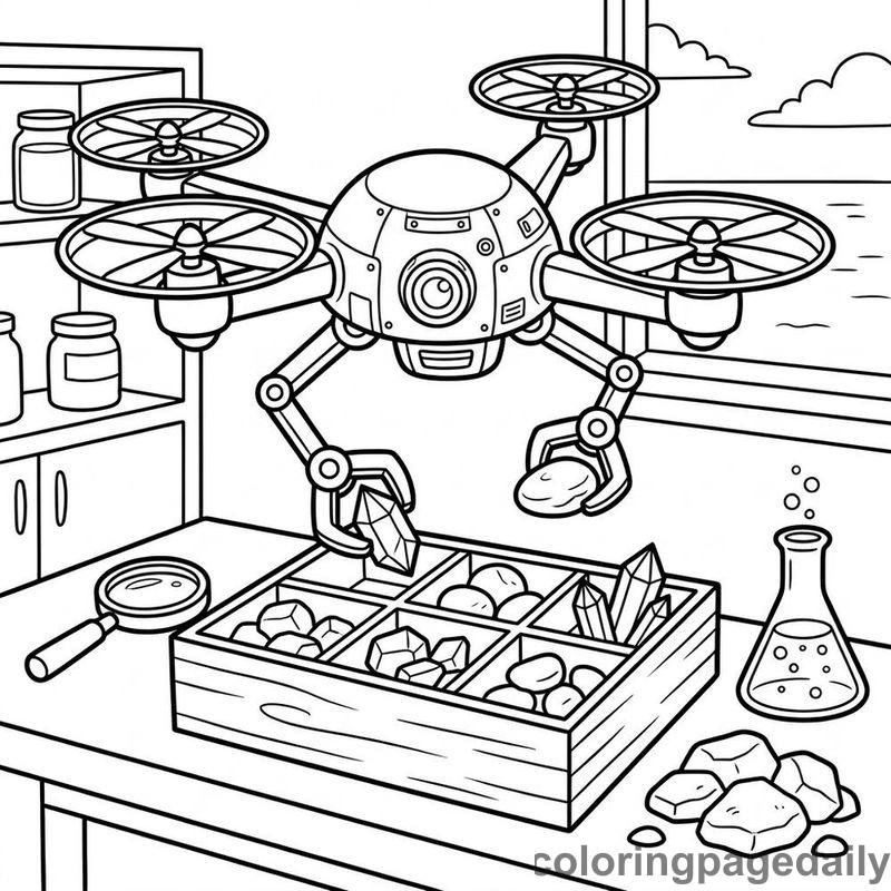 Drone Sorting Lab Crystals - Daily printable coloring page in Robots and STEM category