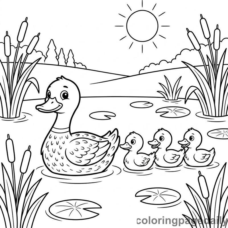 Ducks Swimming Across Pond - Daily printable coloring page in Animals category