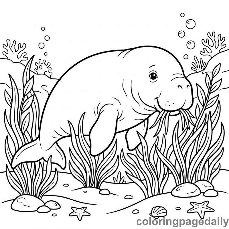Dugong Grazing On Seagrass - Daily printable coloring page in Ocean and Underwater Life category