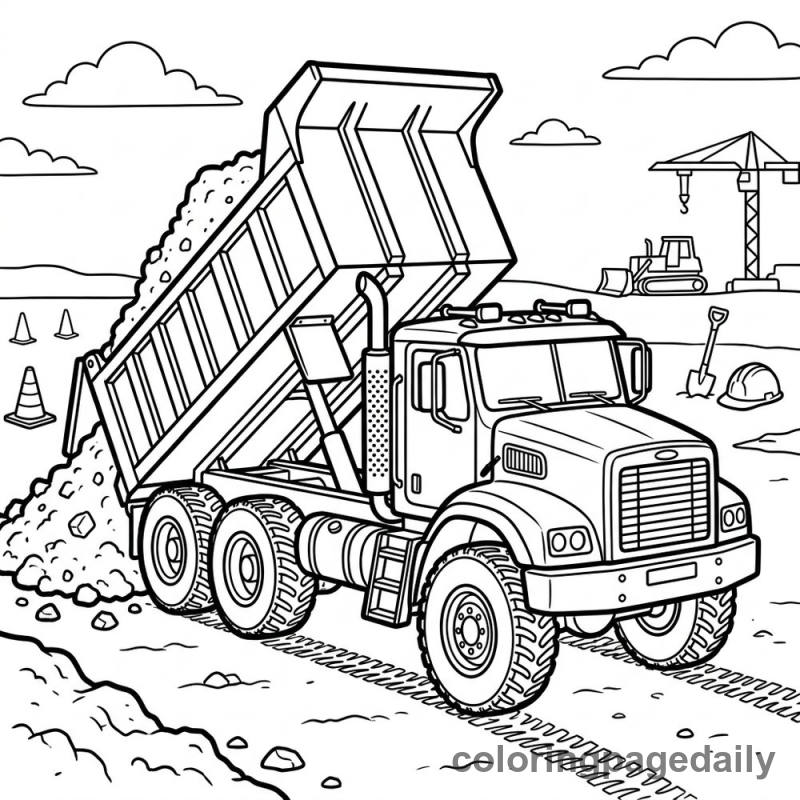 Dump Truck Unloading - Daily printable coloring page in Vehicle category