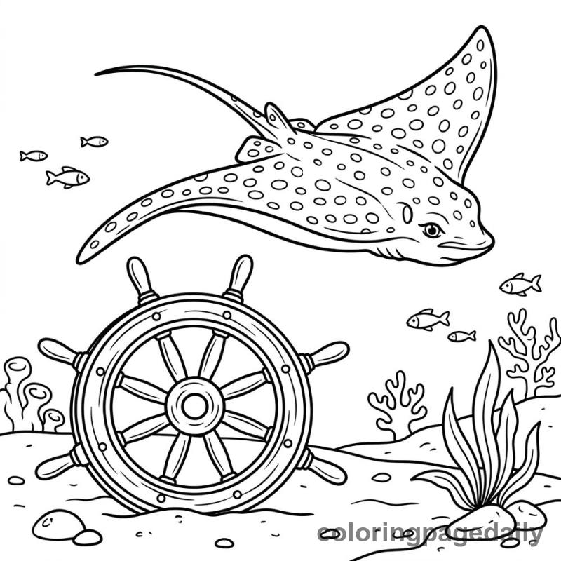 Eagle Ray Over Shipwheel - Daily printable coloring page in Ocean and Underwater Life category