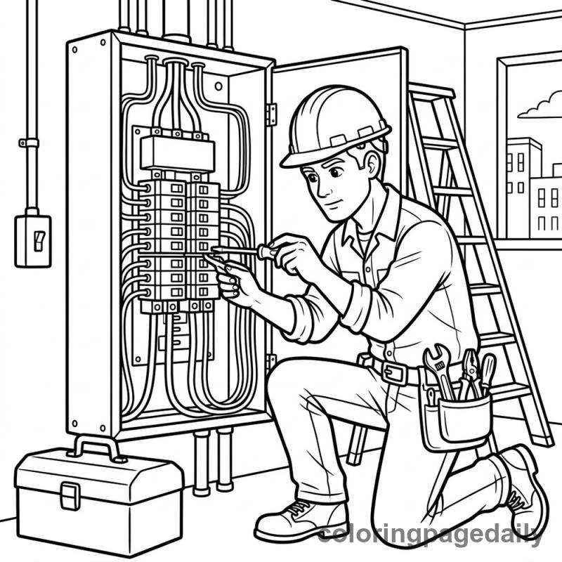 Electrician Wiring Breaker Box - Daily printable coloring page in Professions category