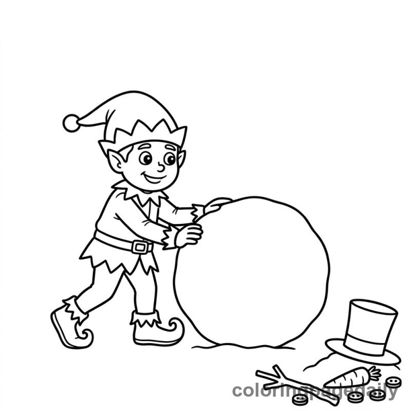 Elf Building Snowman - Daily printable coloring page in Christmas category