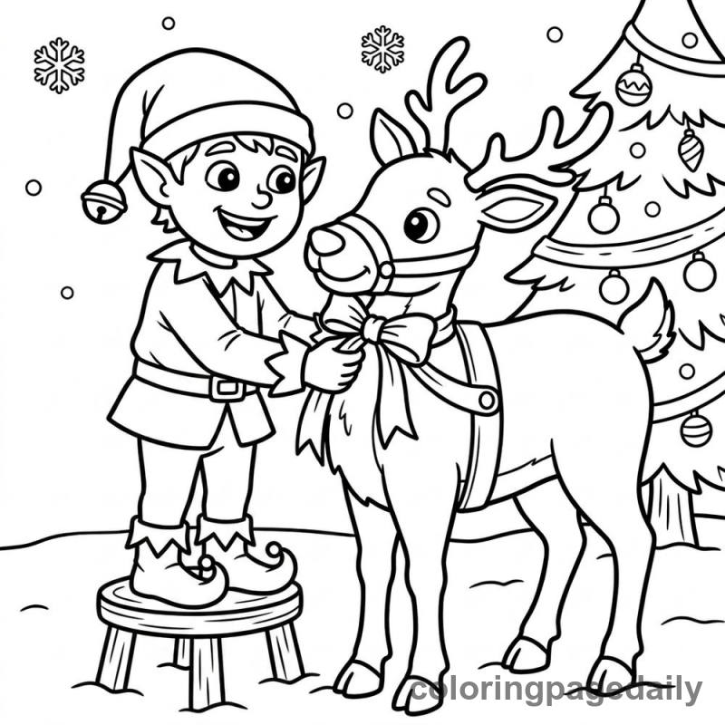 Elf Decorating A Reindeer - Daily printable coloring page in Christmas category