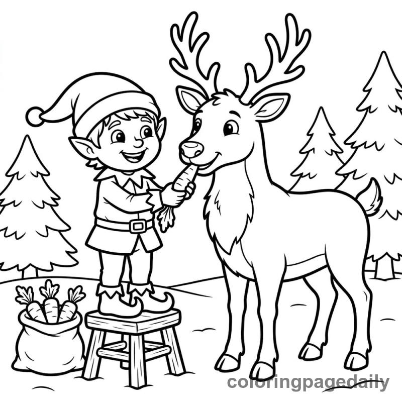 Elf Feeding Reindeer - Daily printable coloring page in Christmas category