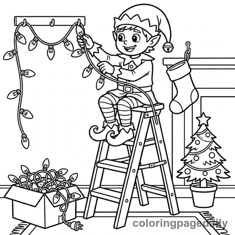 Elf Hanging Lights - Daily printable coloring page in Christmas category