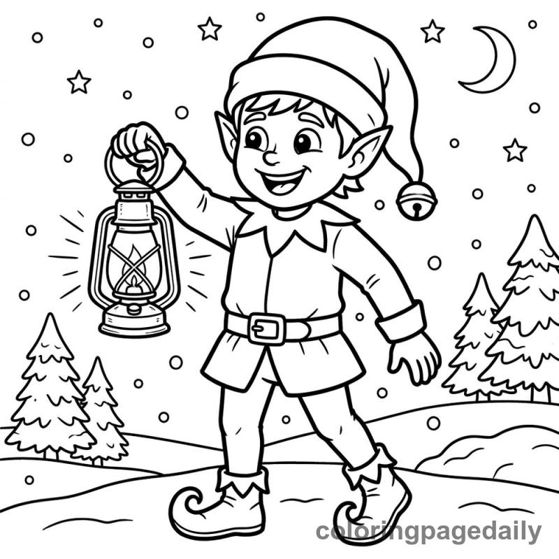 Elf Holding a Lantern - Daily printable coloring page in Christmas category