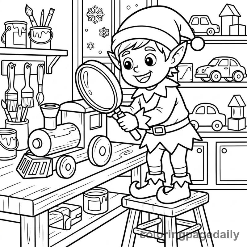 Elf Inspecting a Toy Train - Daily printable coloring page in Christmas category