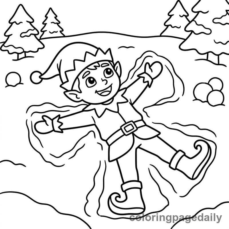 Elf Making Snow Angel - Daily printable coloring page in Christmas category