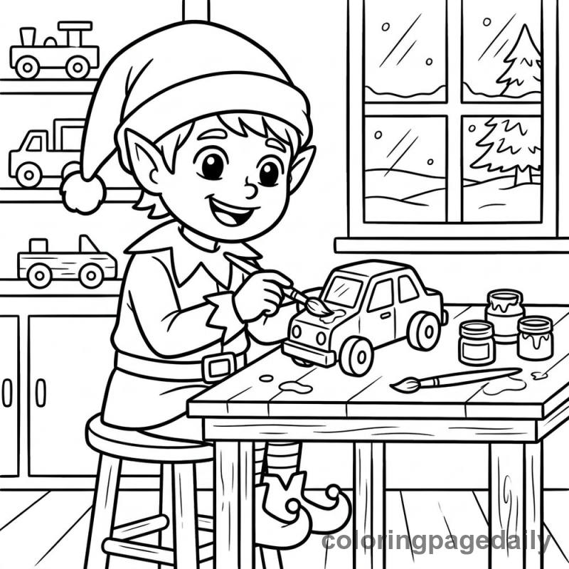 Elf Painting Toy Car - Daily printable coloring page in Christmas category