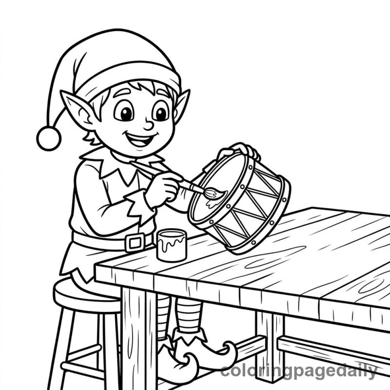 Elf Painting Toy Drum - Daily printable coloring page in Christmas category