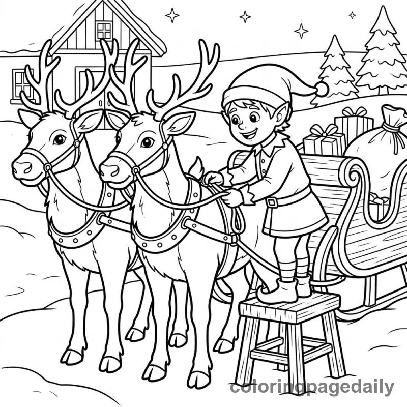 Elf Prepares Santa's Sleigh - Daily printable coloring page in Christmas category