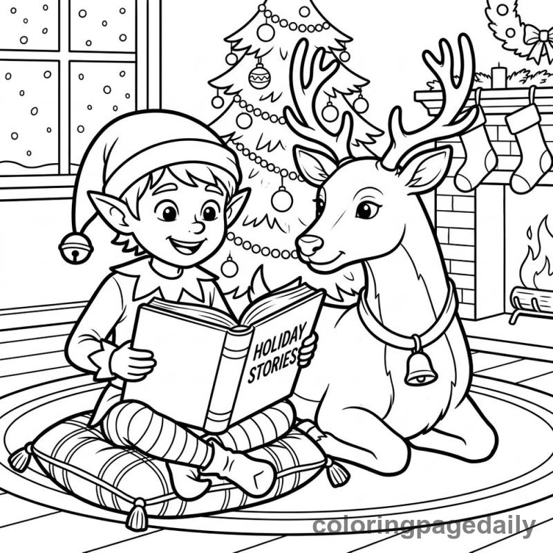 Elf Reading to Reindeer - Daily printable coloring page in Christmas category