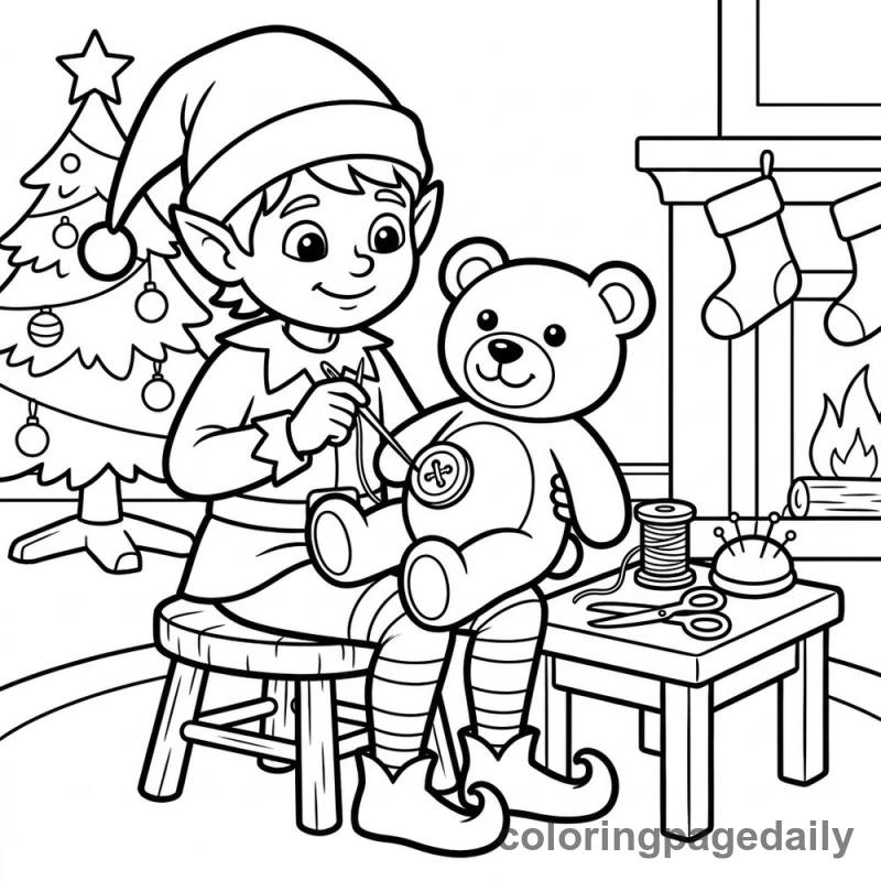 Elf Sewing Teddy Bear - Daily printable coloring page in Christmas category