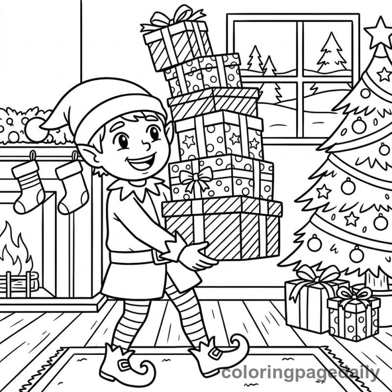 Elf Stacking Presents - Daily printable coloring page in Christmas category