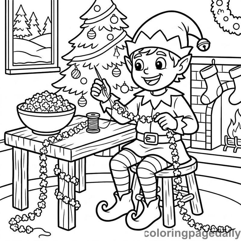 Elf Stringing Popcorn - Daily printable coloring page in Christmas category