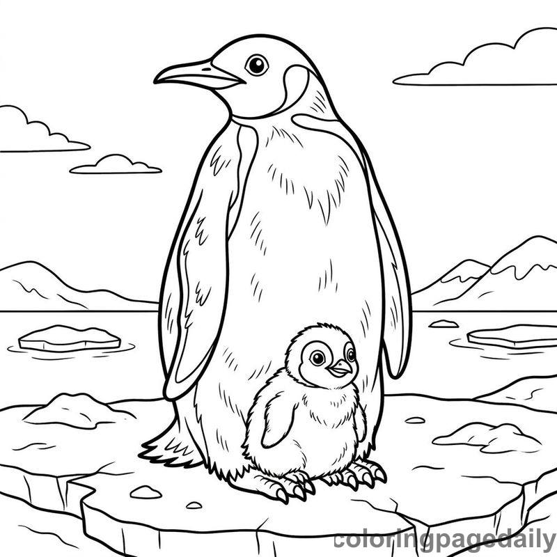 Emperor Penguin And Chick - Daily printable coloring page in Winter and Snow Season category