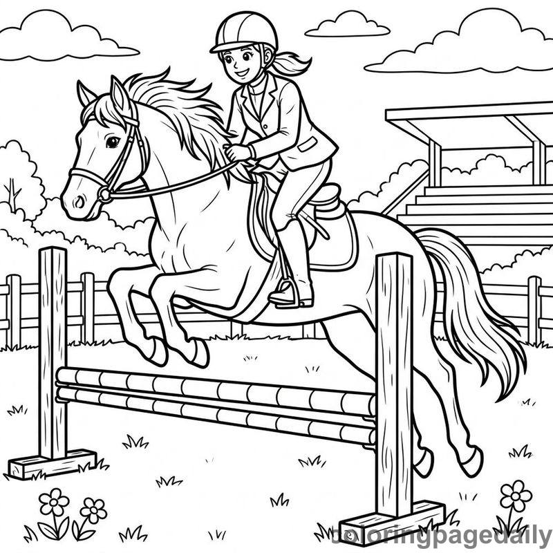 Equestrian Athlete Jumping Hurdle - Daily printable coloring page in Sports category