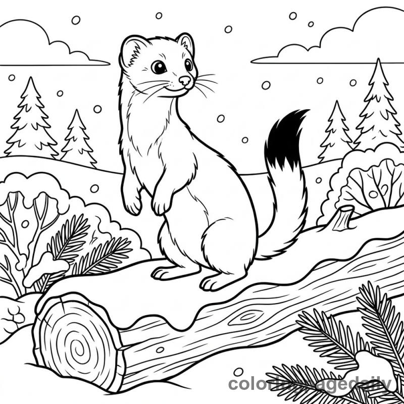 Ermine Standing in Snow - Daily printable coloring page in Winter and Snow Season category