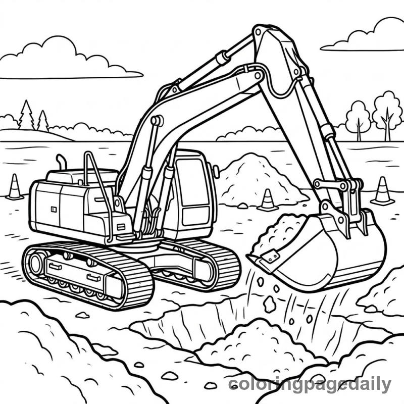 Excavator Digging Dirt - Daily printable coloring page in Vehicle category