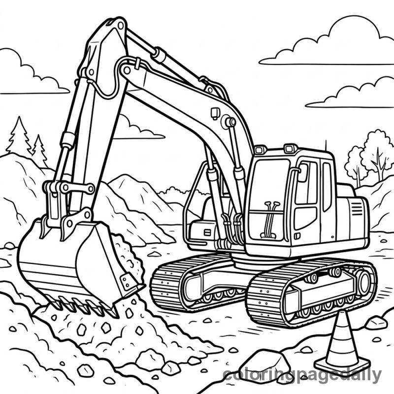 Excavator Digging Dirt - Daily printable coloring page in Vehicle category