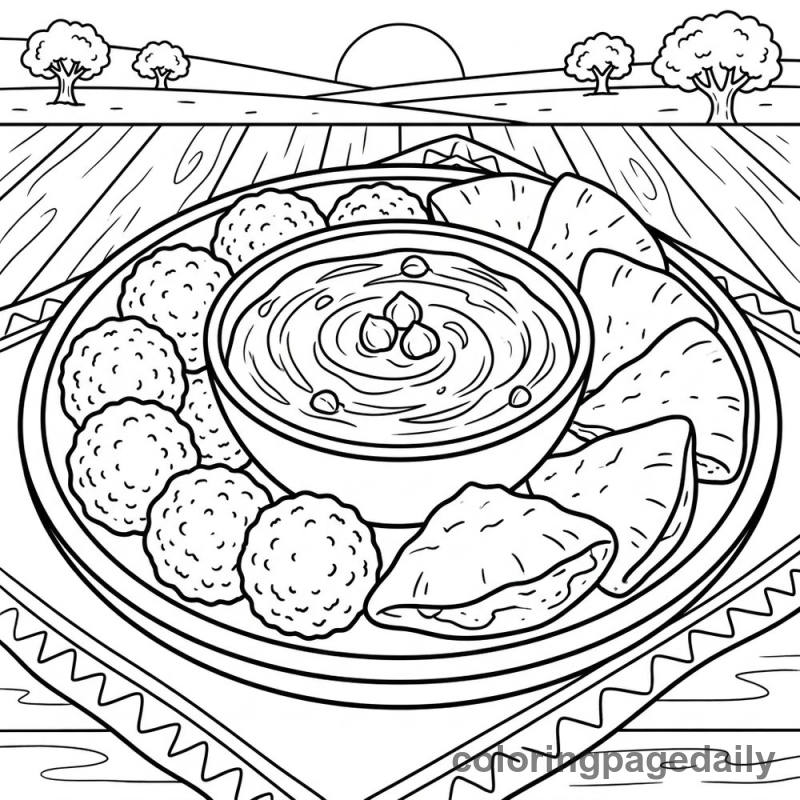 Falafel and Hummus Platter - Daily printable coloring page in Food category
