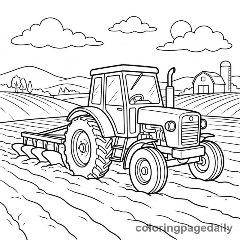 Farm Tractor Plowing - Daily printable coloring page in Vehicle category