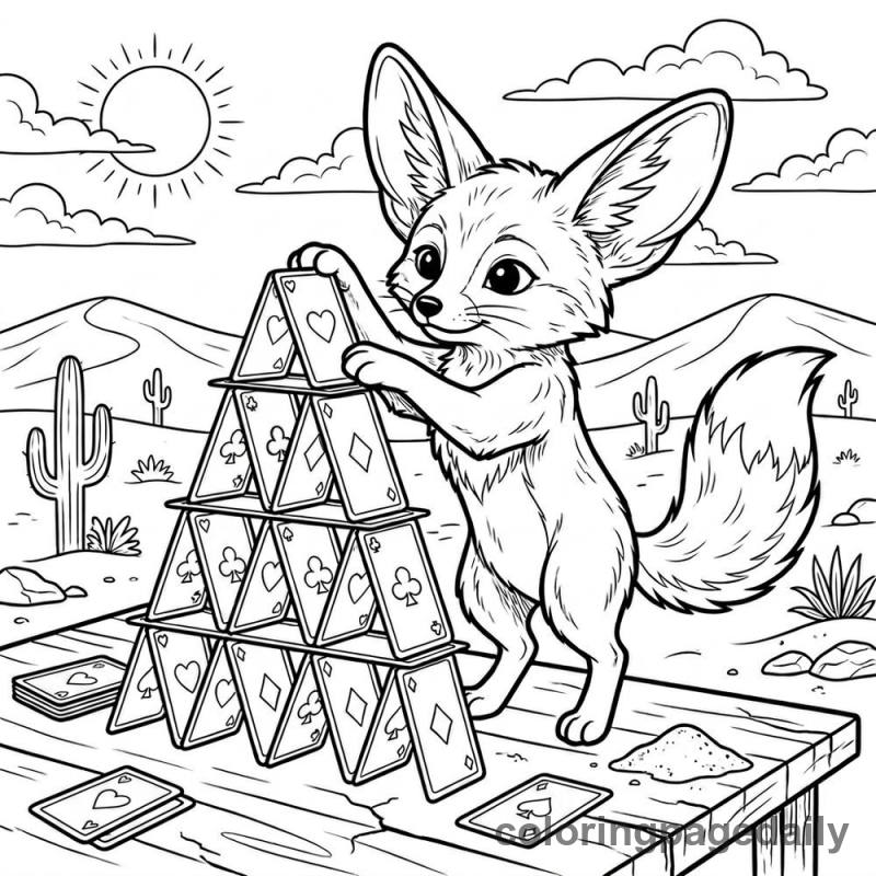 Fennec Fox Building Card House - Daily printable coloring page in Animals category