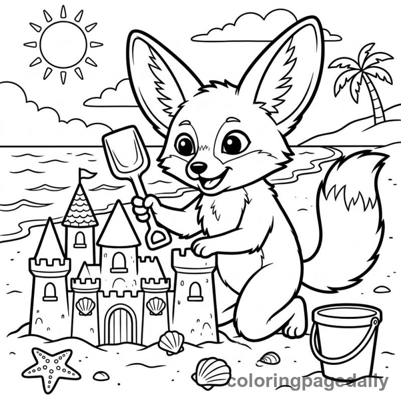 Fennec Fox Builds a Sandcastle - Daily printable coloring page in Animals category