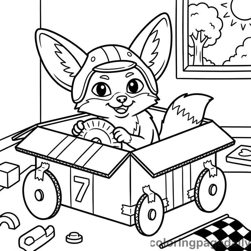Fennec Fox Cardboard Race Car - Daily printable coloring page in Animals category
