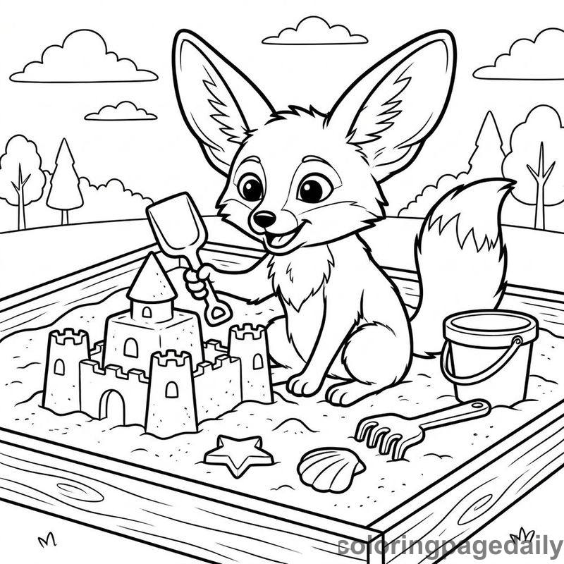 Fennec Fox Sandcastle Fun - Daily printable coloring page in Animals category