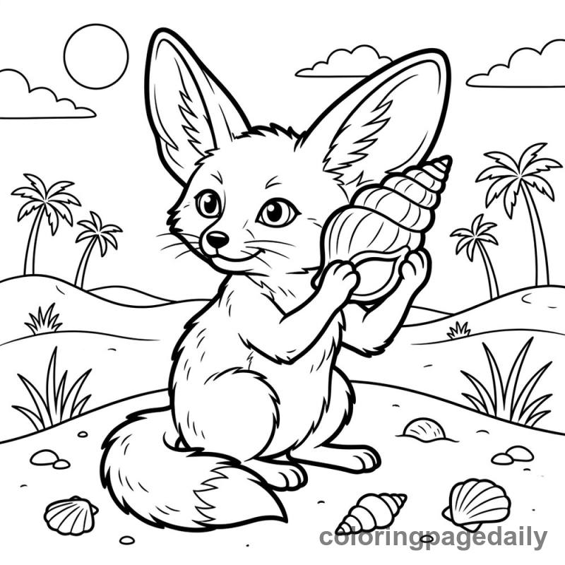 Fennec Fox's Seashell Secret - Daily printable coloring page in Animals category