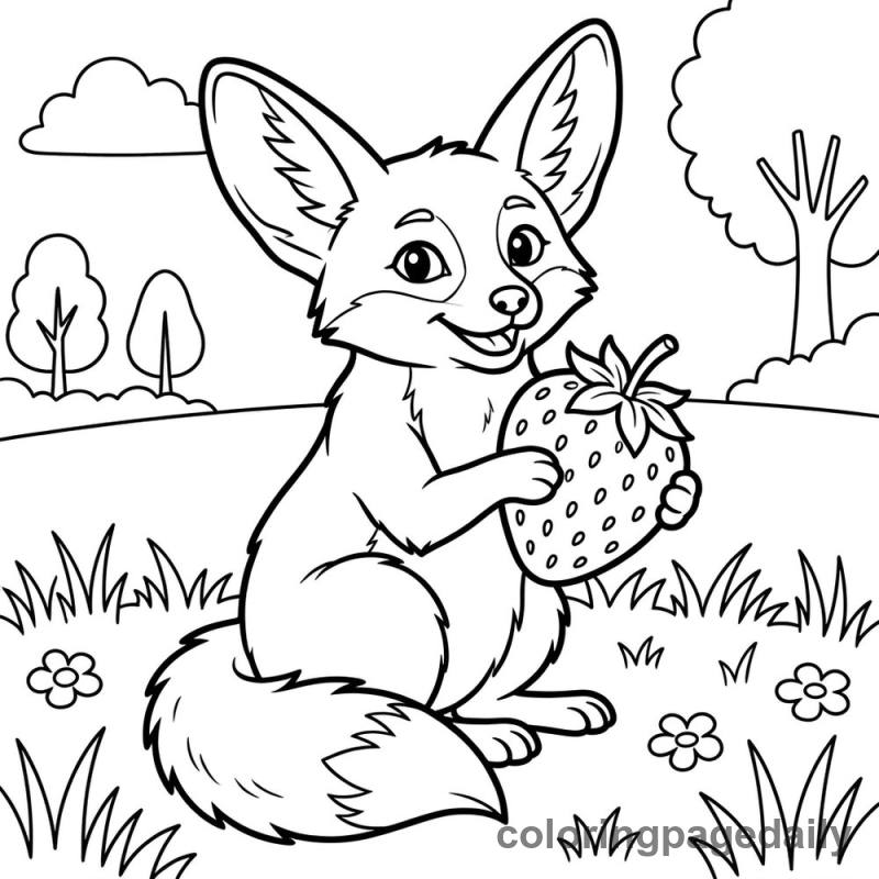 Fennec Fox Strawberry Treat - Daily printable coloring page in Animals category