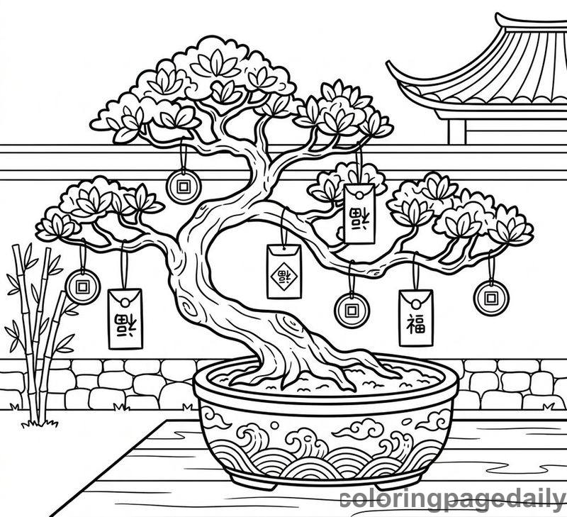 Festive Chinese Bonsai Tree - Daily printable coloring page in Chinese New Year category