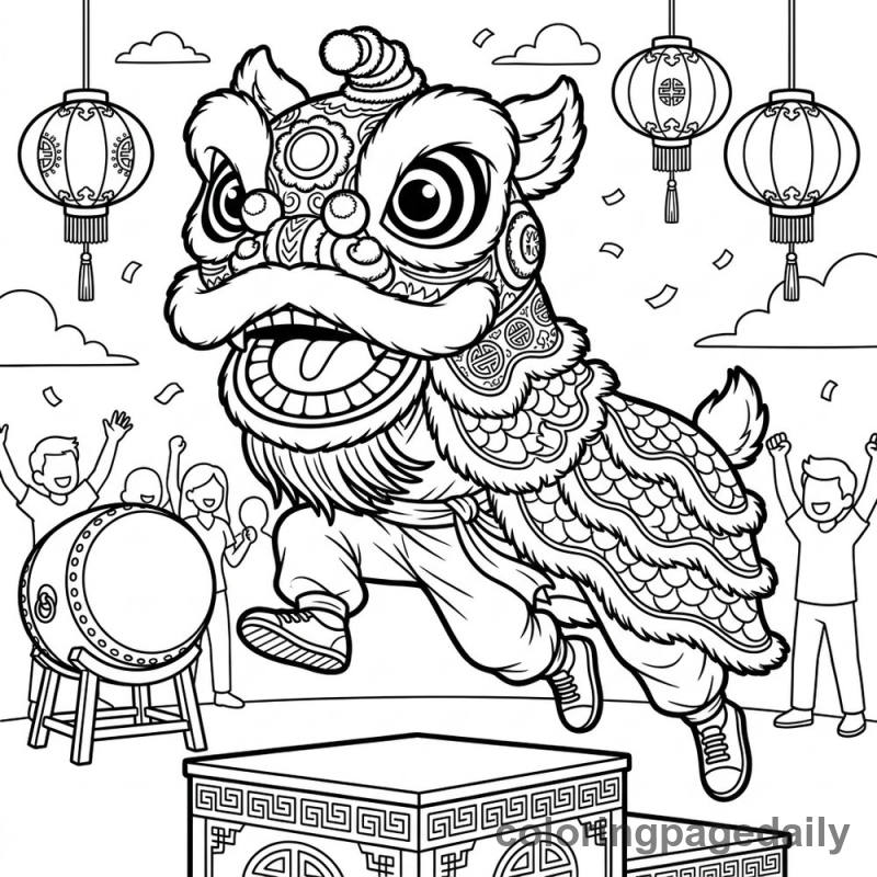 Festive Lion Dance - Daily printable coloring page in Chinese New Year category